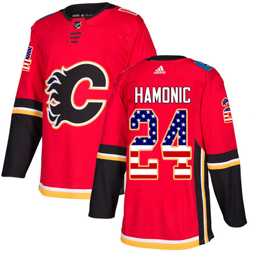 Adidas Flames #24 Travis Hamonic Red Home Authentic USA Flag Stitched NHL Jersey